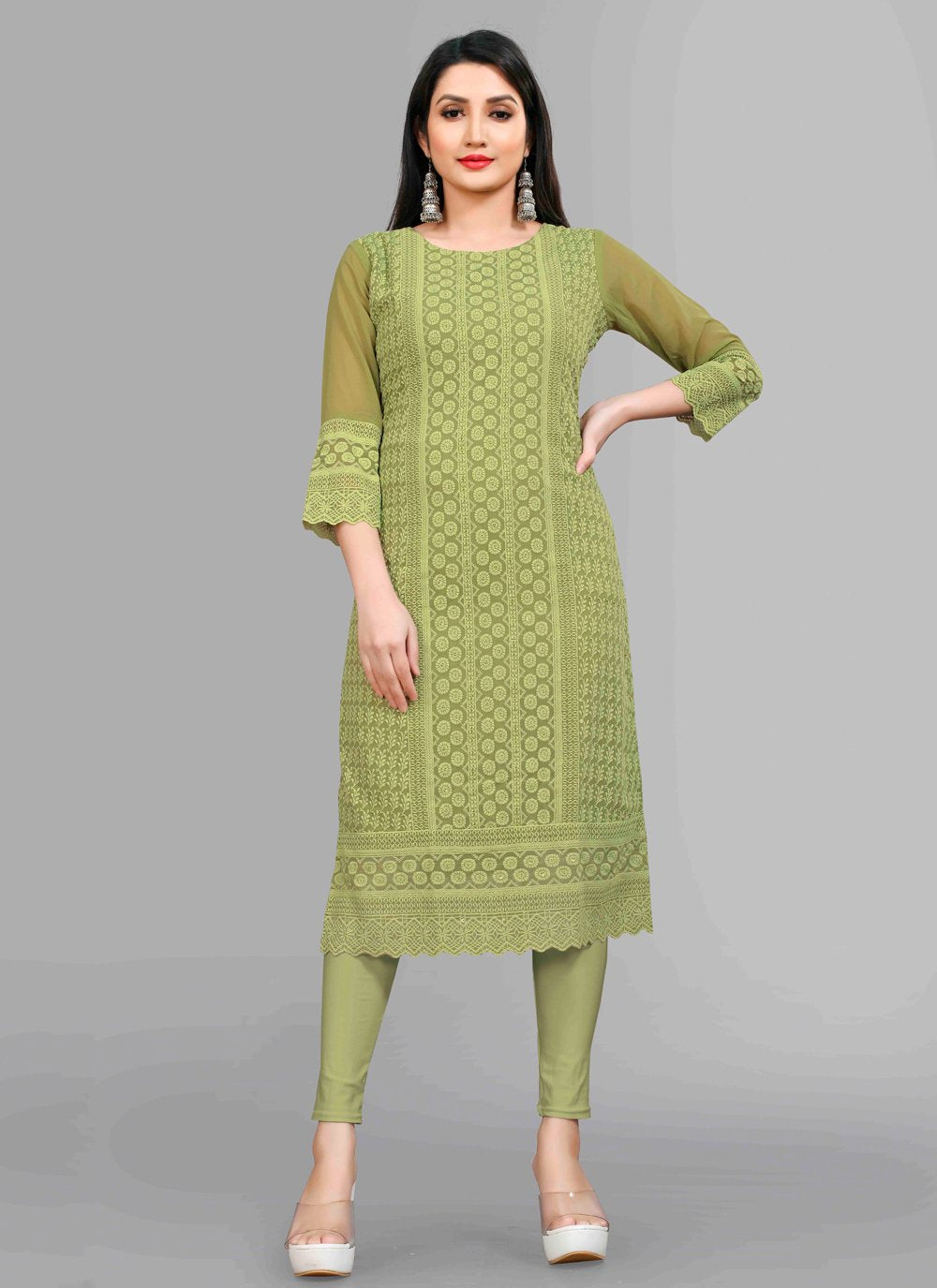 Designer Kurti Chiffon Georgette Green Embroidered Kurtis