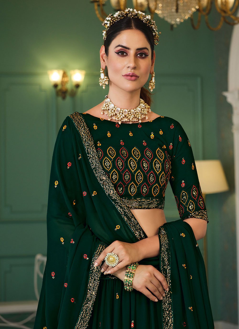 Lehenga Choli Georgette Green Embroidered Lehenga Choli