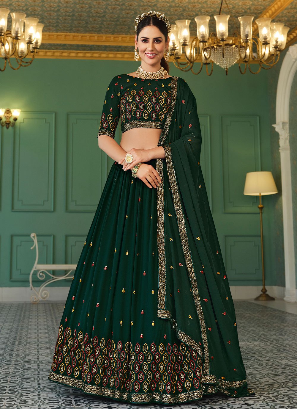 Lehenga Choli Georgette Green Embroidered Lehenga Choli