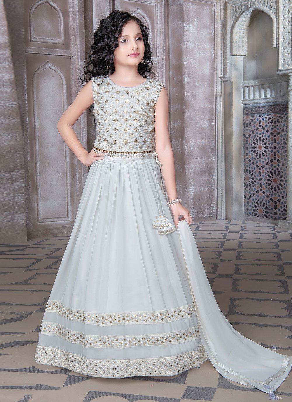 Lehenga Choli Georgette Grey Embroidered Kids