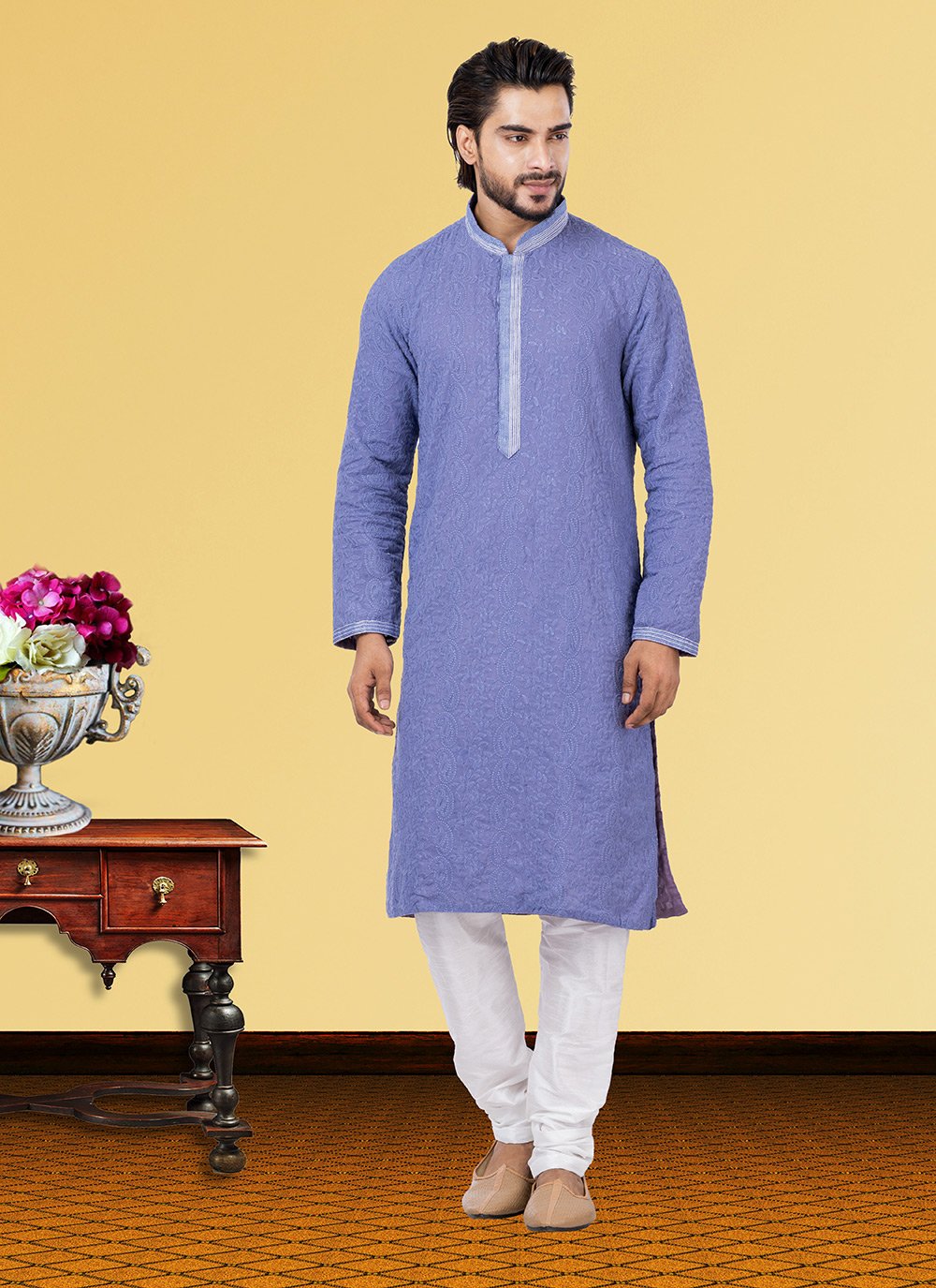 Kurta Pyjama Georgette Blue Embroidered Mens