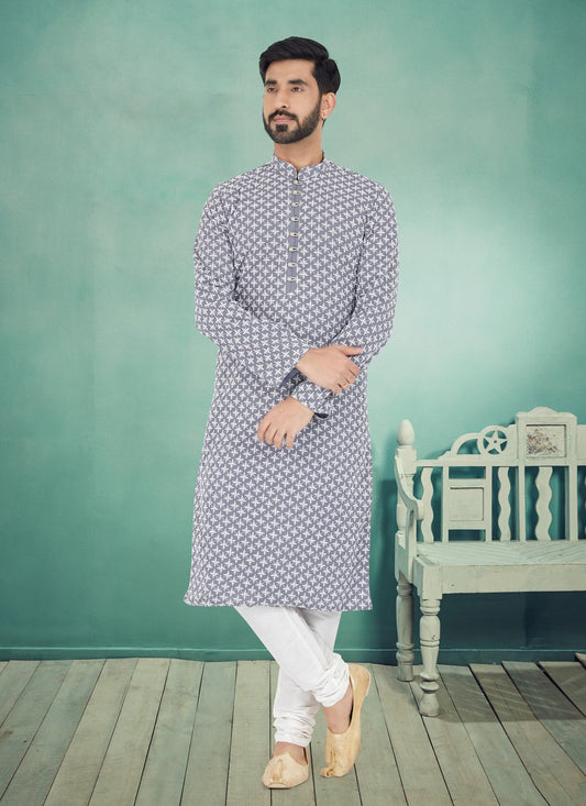 Kurta Pyjama Georgette Grey Embroidered Mens
