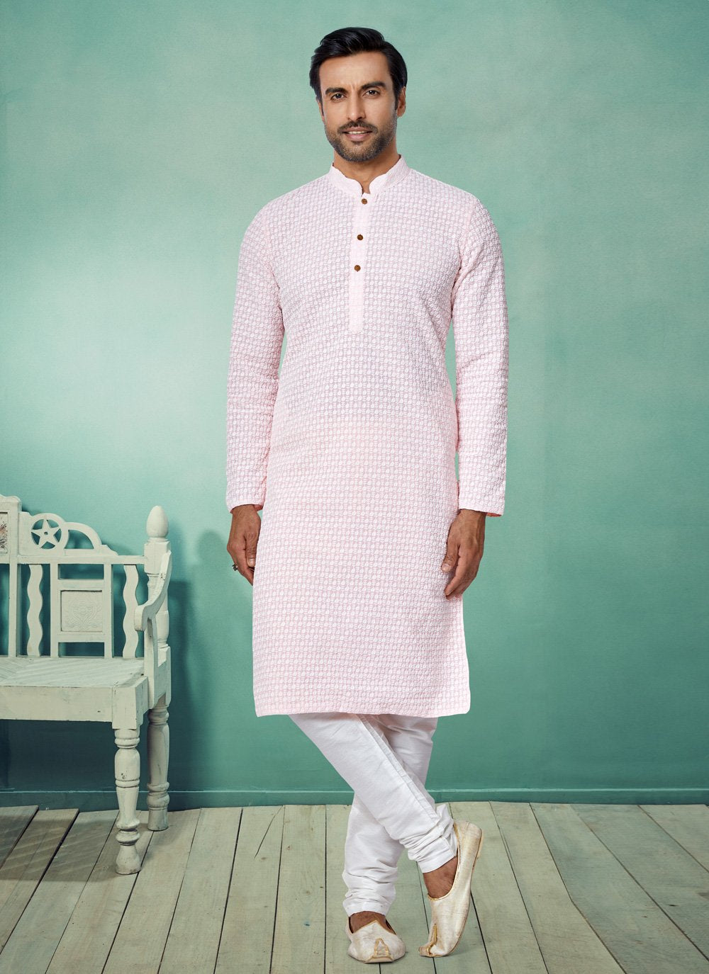 Kurta Pyjama Georgette Pink Embroidered Mens