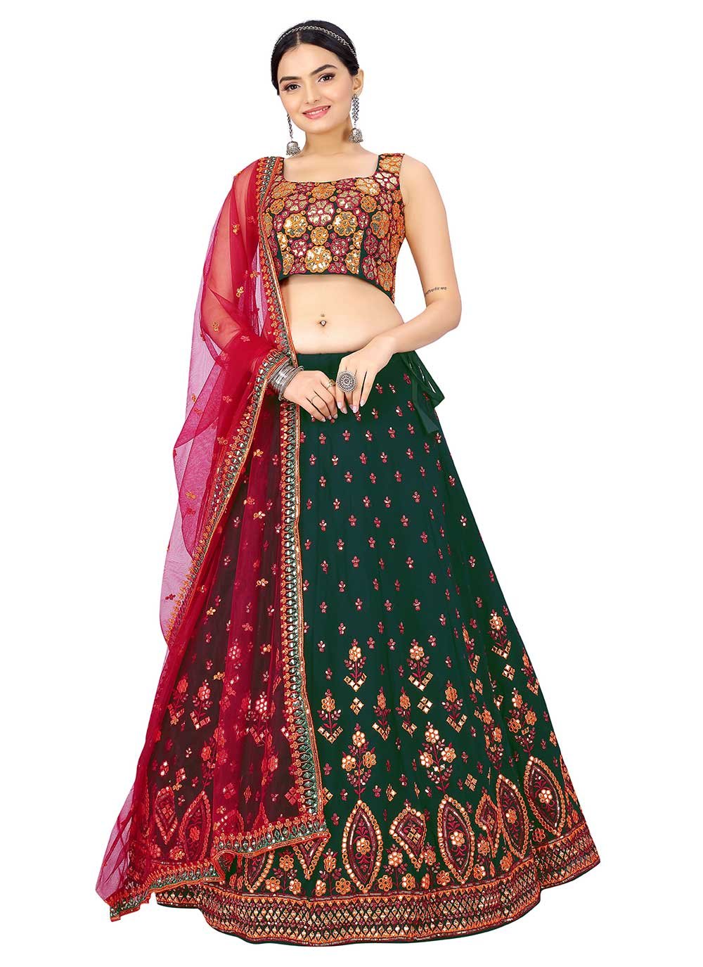 Lehenga Choli Georgette Green Embroidered Lehenga Choli