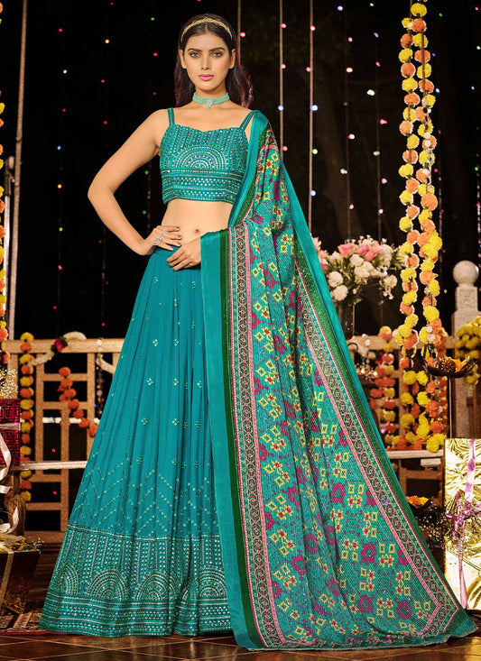 Lehenga Choli Georgette Viscose Aqua Blue Embroidered Lehenga Choli