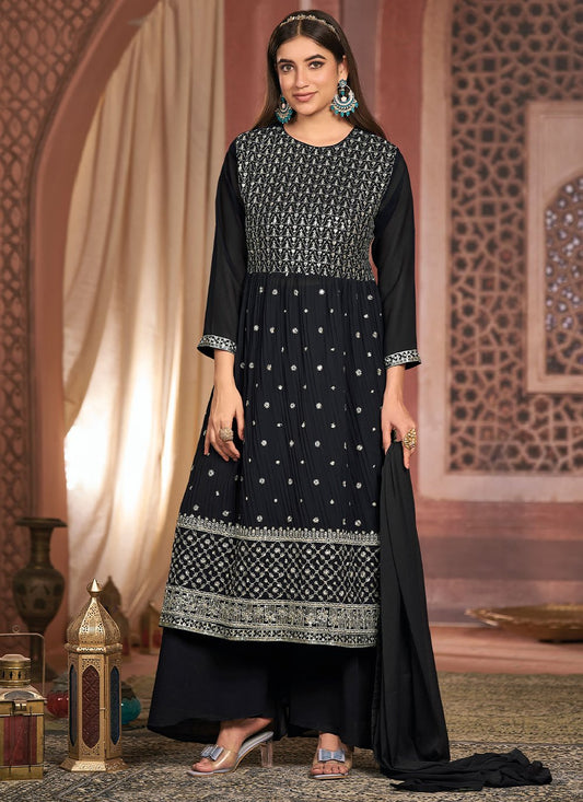 Floor Lenght Salwar Suit Georgette Black Embroidered Salwar Kameez