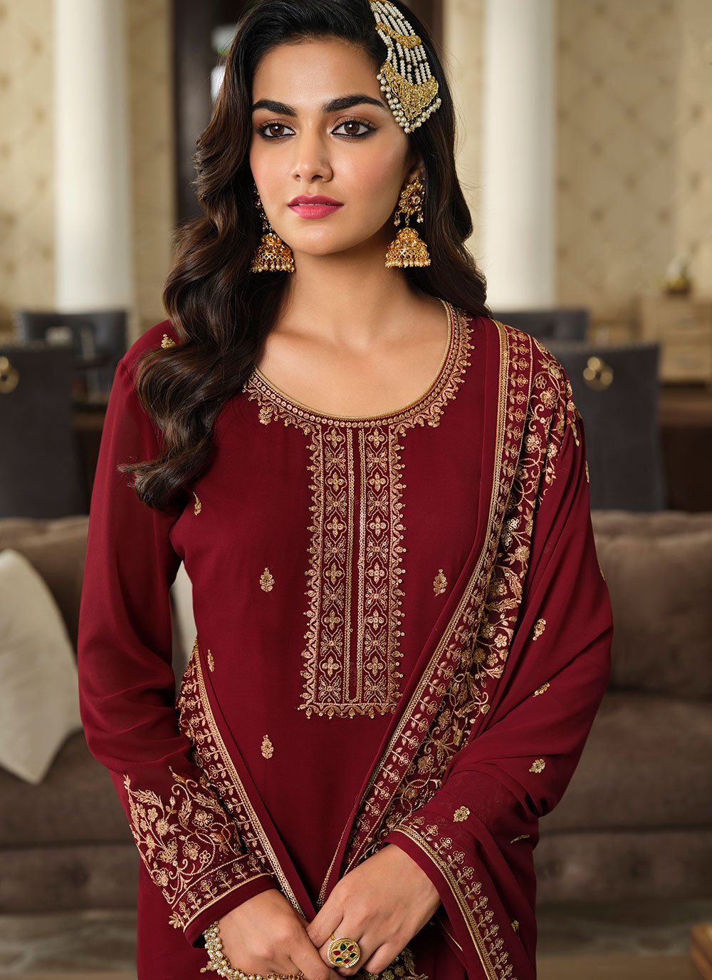 Pakistani Salwar Suit Georgette Maroon Embroidered Salwar Kameez