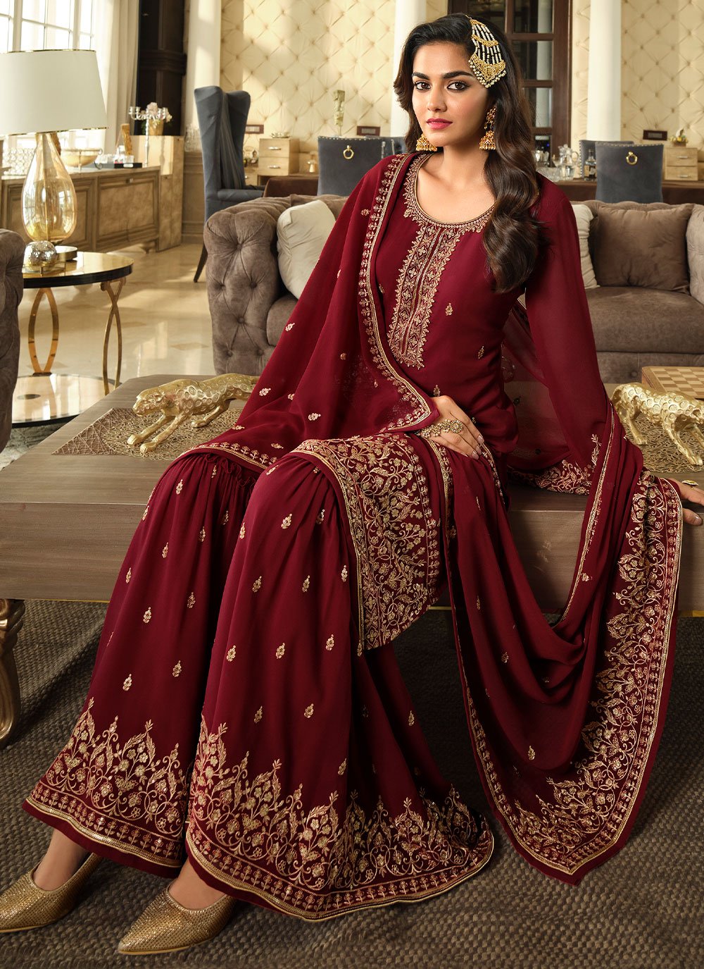 Pakistani Salwar Suit Georgette Maroon Embroidered Salwar Kameez