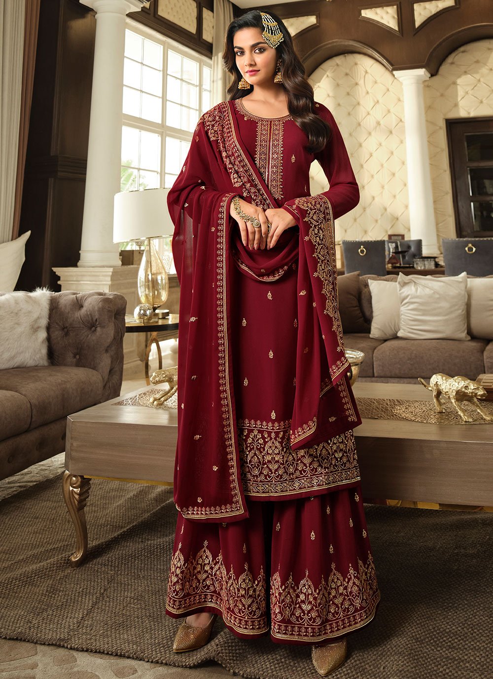 Pakistani Salwar Suit Georgette Maroon Embroidered Salwar Kameez