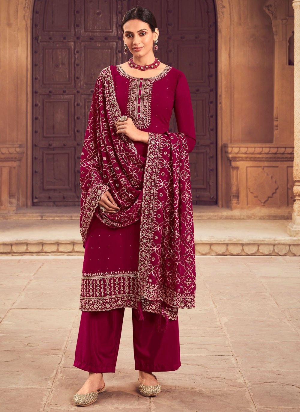 Pakistani Salwar Suit Georgette Maroon Embroidered Salwar Kameez