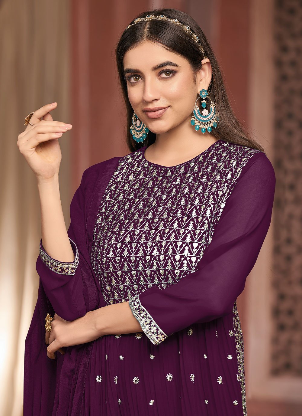 Palazzo Salwar Suit Georgette Purple Embroidered Salwar Kameez