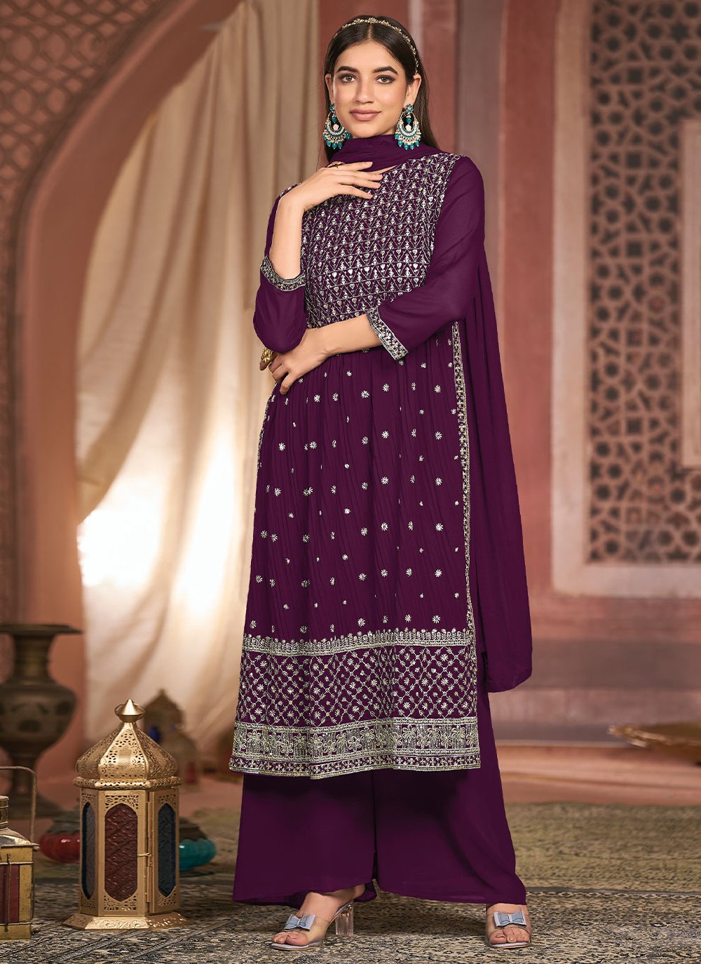 Palazzo Salwar Suit Georgette Purple Embroidered Salwar Kameez