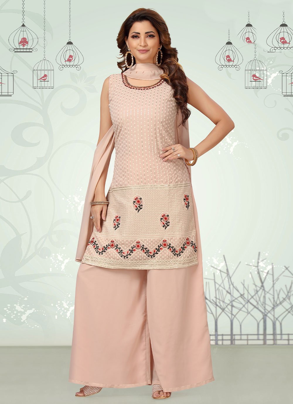 Palazzo Salwar Suit Georgette Peach Embroidered Salwar Kameez