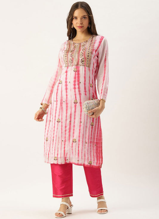 Party Wear Kurti Georgette Pink Embroidered Kurtis