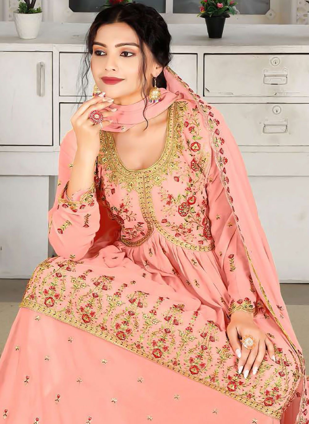 Lehenga Choli Georgette Peach Embroidered Lehenga Choli