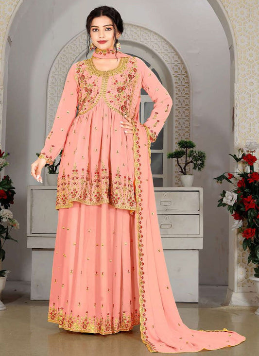 Lehenga Choli Georgette Peach Embroidered Lehenga Choli