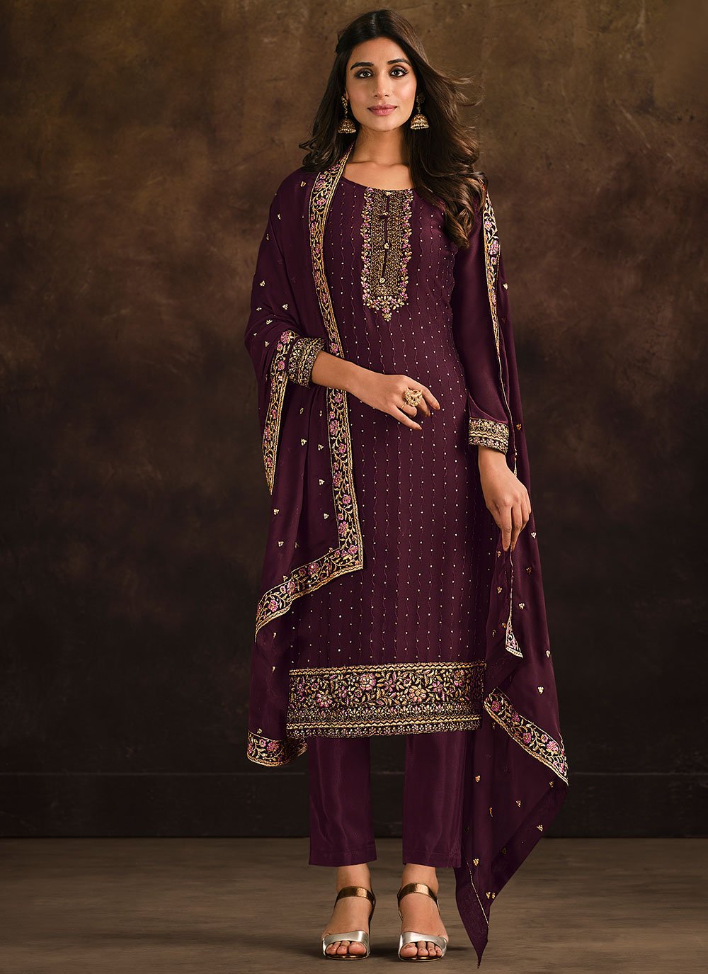 Floor Lenght Salwar Suit Georgette Purple Embroidered Salwar Kameez