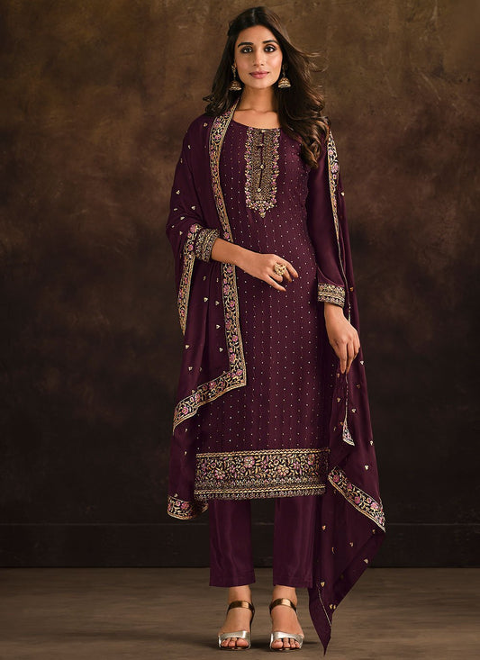 Floor Lenght Salwar Suit Georgette Purple Embroidered Salwar Kameez