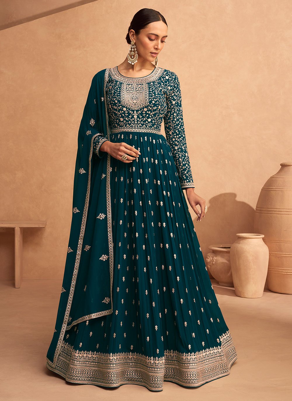 Gown Georgette Teal Embroidered Gown