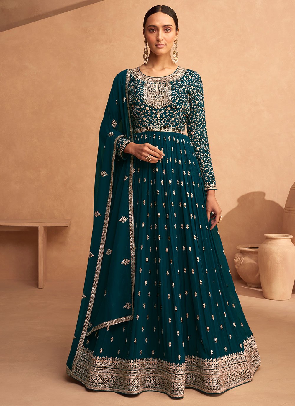 Gown Georgette Teal Embroidered Gown