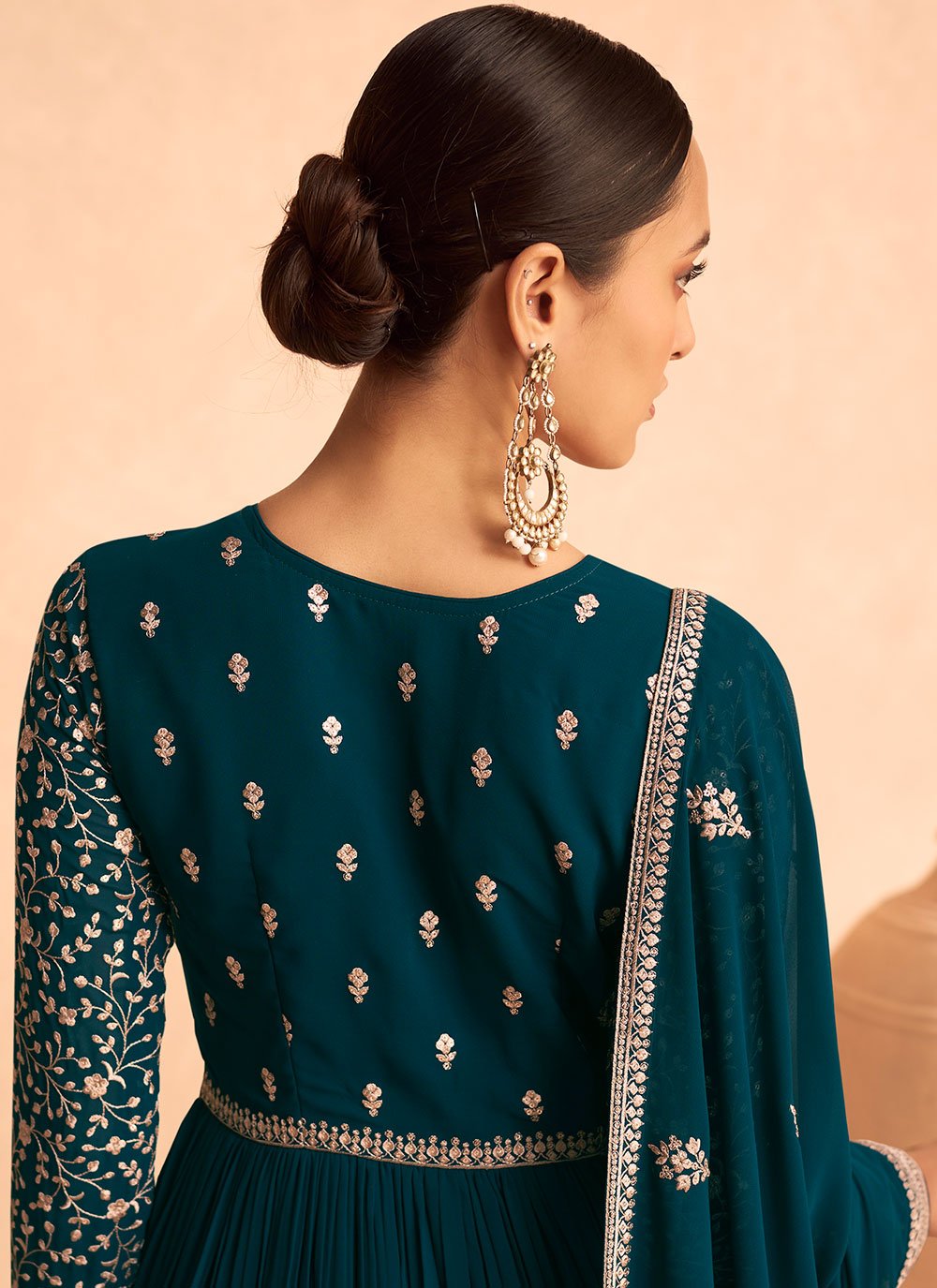 Gown Georgette Teal Embroidered Gown