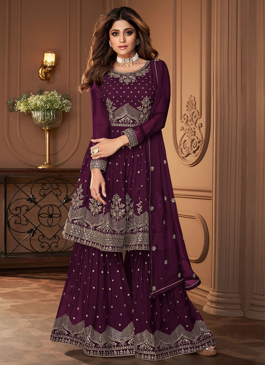 Salwar Suit Georgette Purple Embroidered Salwar Kameez