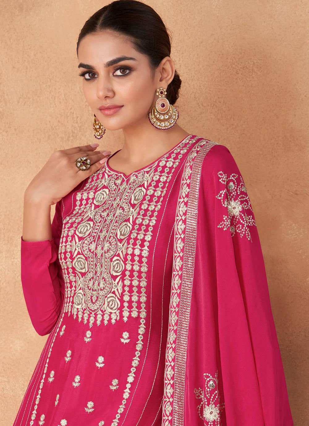 Salwar Suit Chinon Georgette Pink Embroidered Salwar Kameez