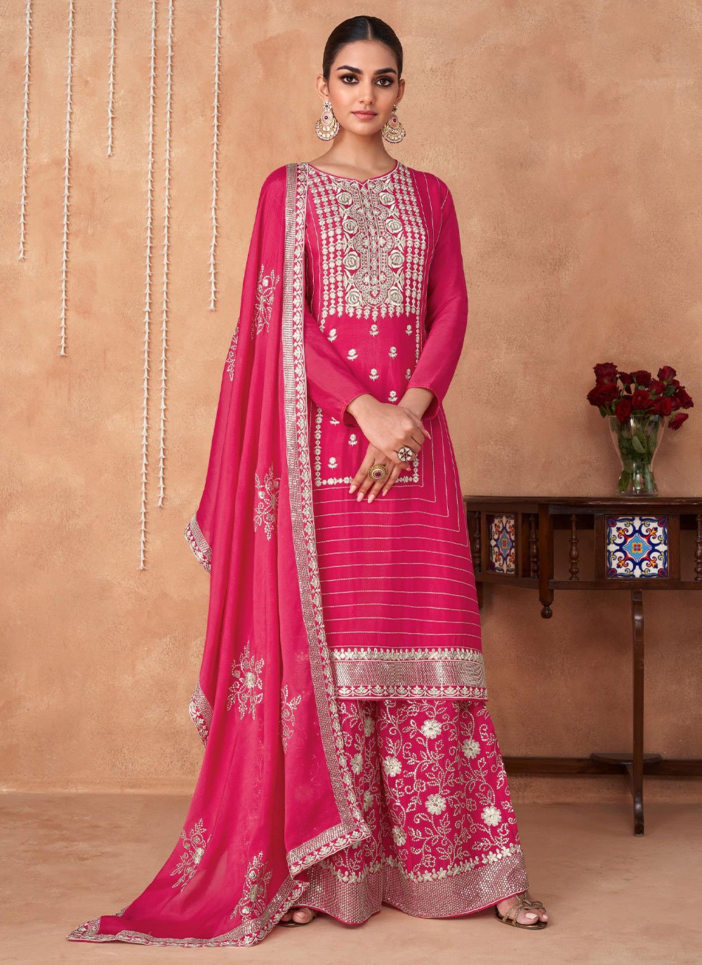 Salwar Suit Chinon Georgette Pink Embroidered Salwar Kameez