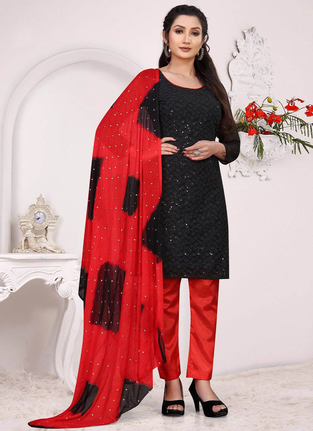 Straight Salwar Suit Georgette Red Embroidered Salwar Kameez