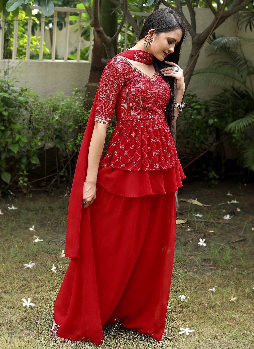 Salwar Suit Georgette Red Embroidered Salwar Kameez