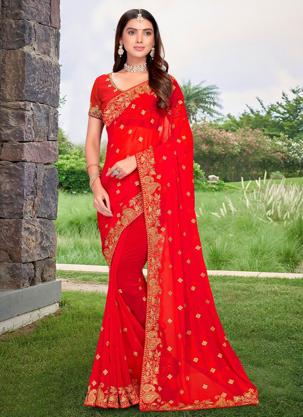 Traditional Saree Georgette Red Embroidered Saree