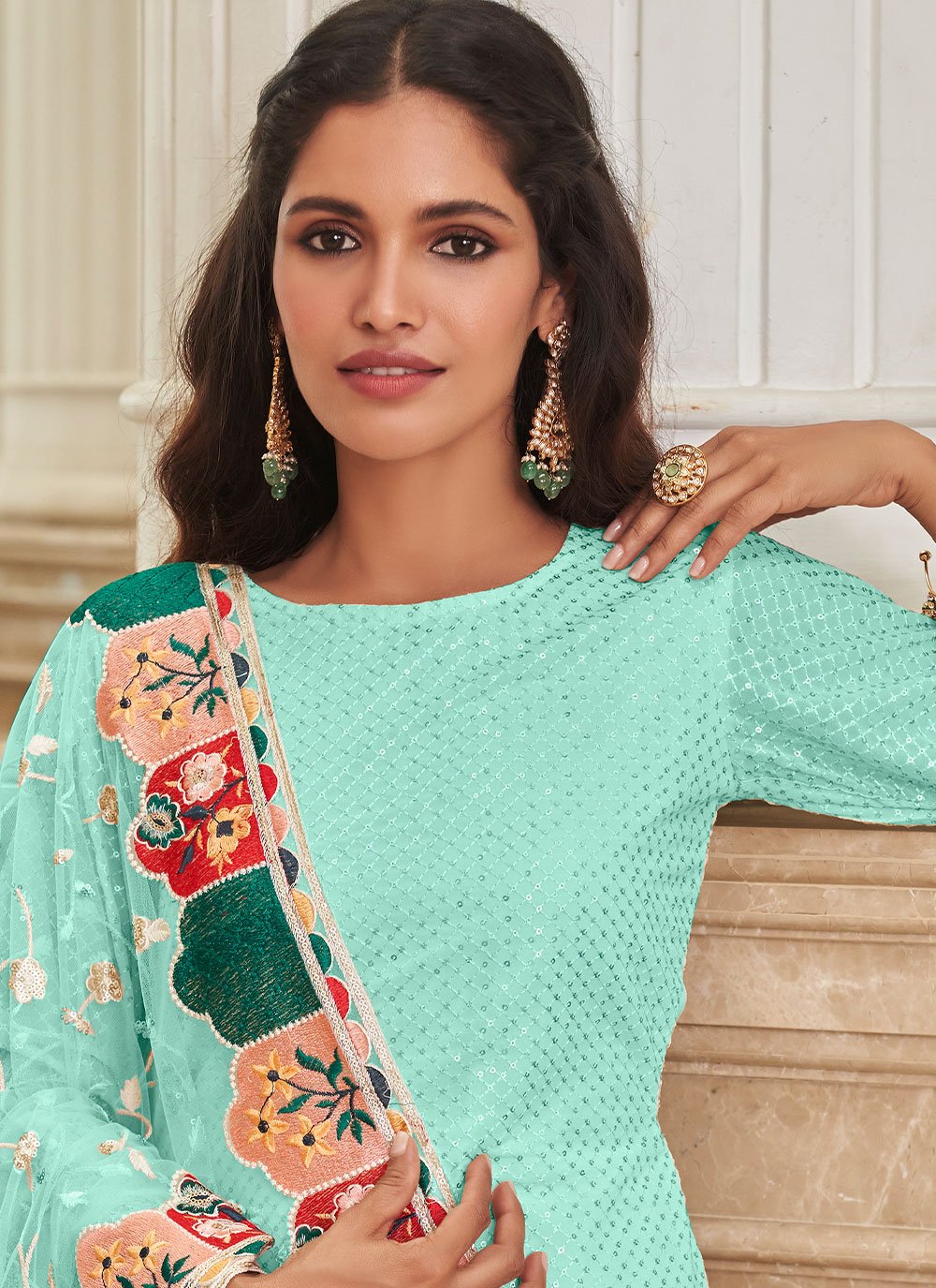 Salwar Suit Georgette Sea Green Embroidered Salwar Kameez