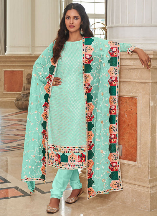 Salwar Suit Georgette Sea Green Embroidered Salwar Kameez