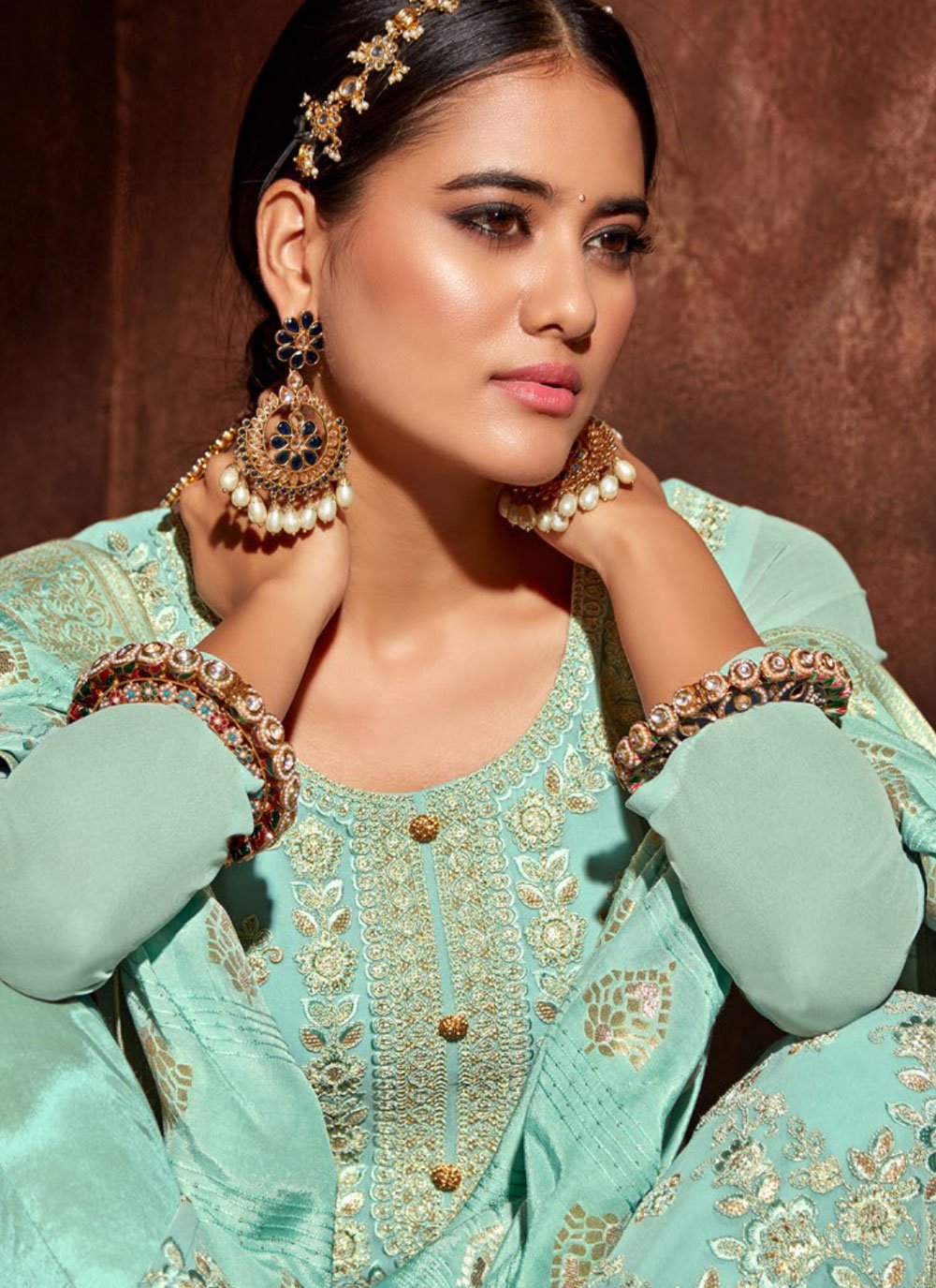 Salwar Suit Georgette Aqua Blue Embroidered Salwar Kameez