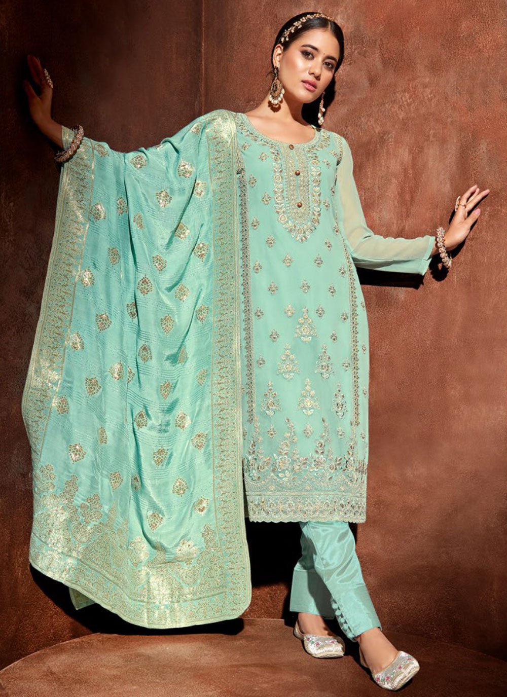 Salwar Suit Georgette Aqua Blue Embroidered Salwar Kameez