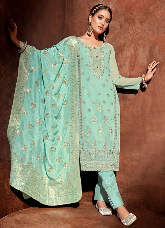 Salwar Suit Georgette Aqua Blue Embroidered Salwar Kameez