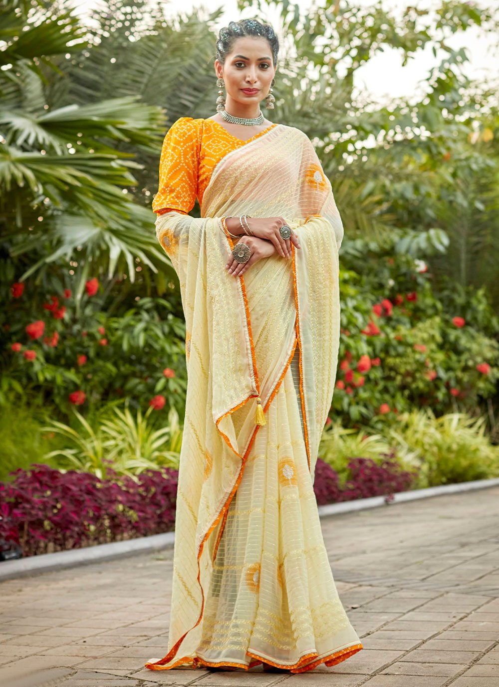 Classic Georgette Yellow Embroidered Saree