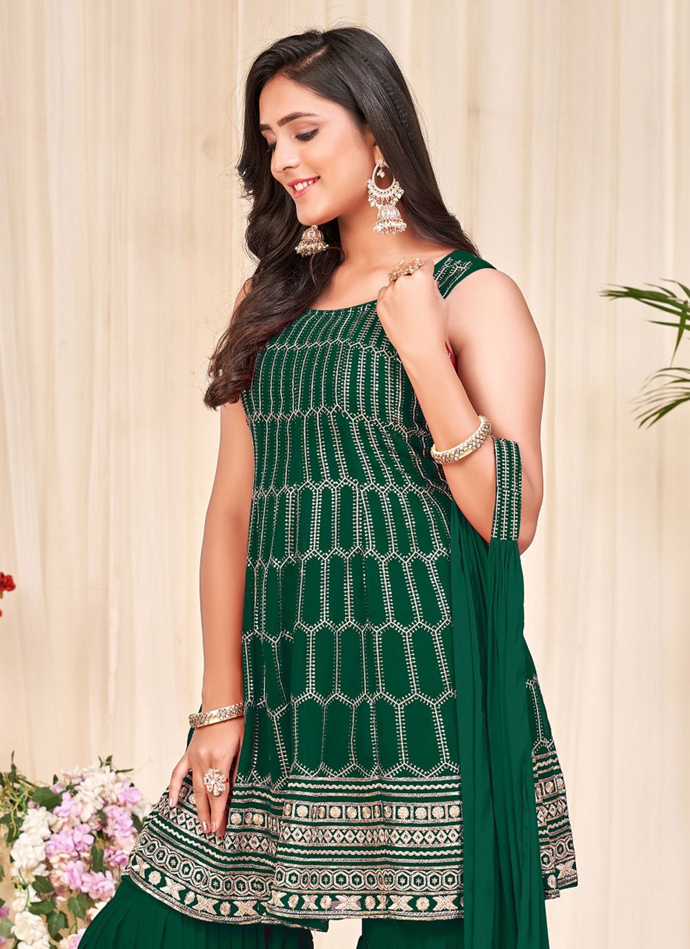 Sharara Set Georgette Green Embroidered Salwar Kameez