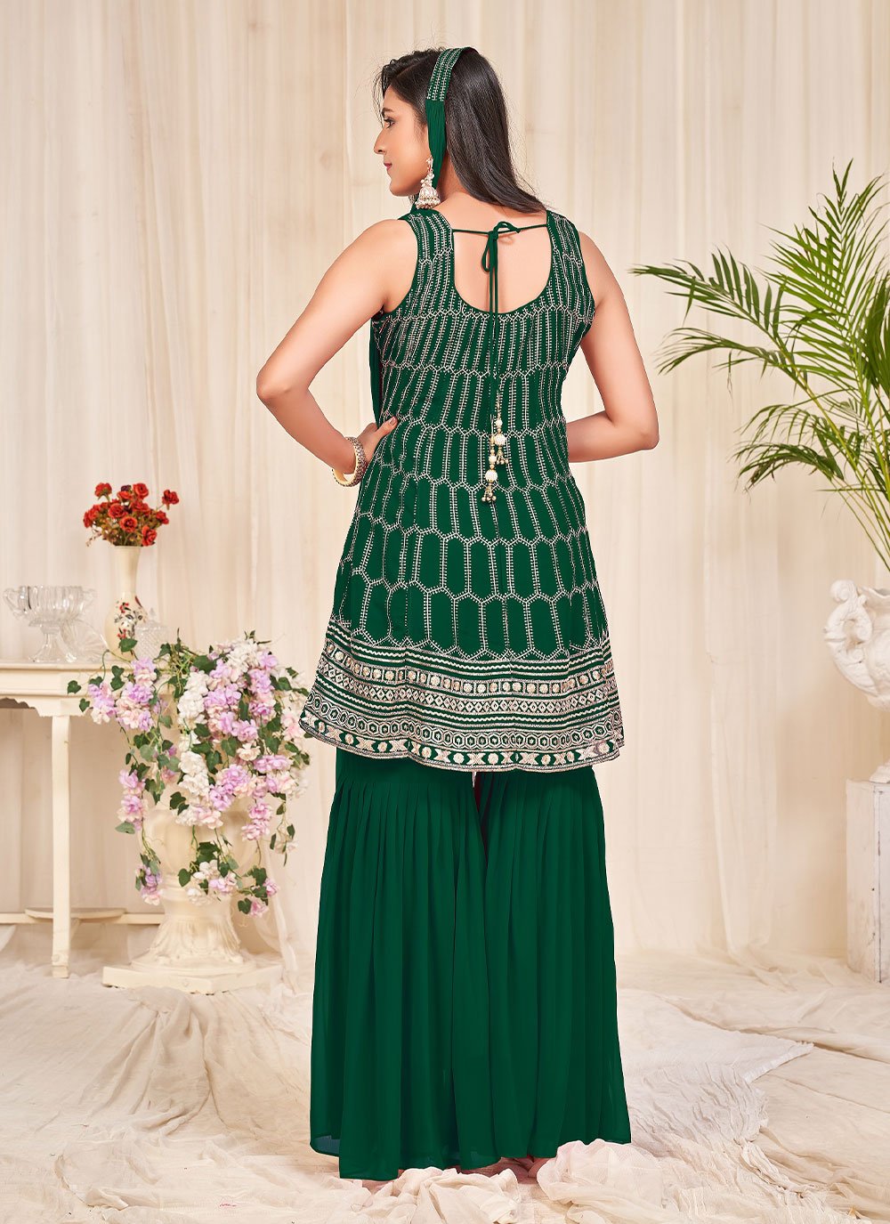 Sharara Set Georgette Green Embroidered Salwar Kameez