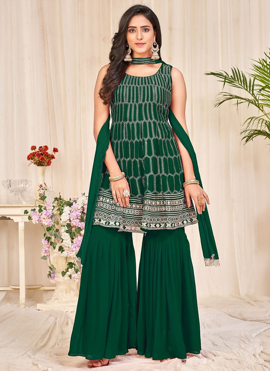 Sharara Set Georgette Green Embroidered Salwar Kameez