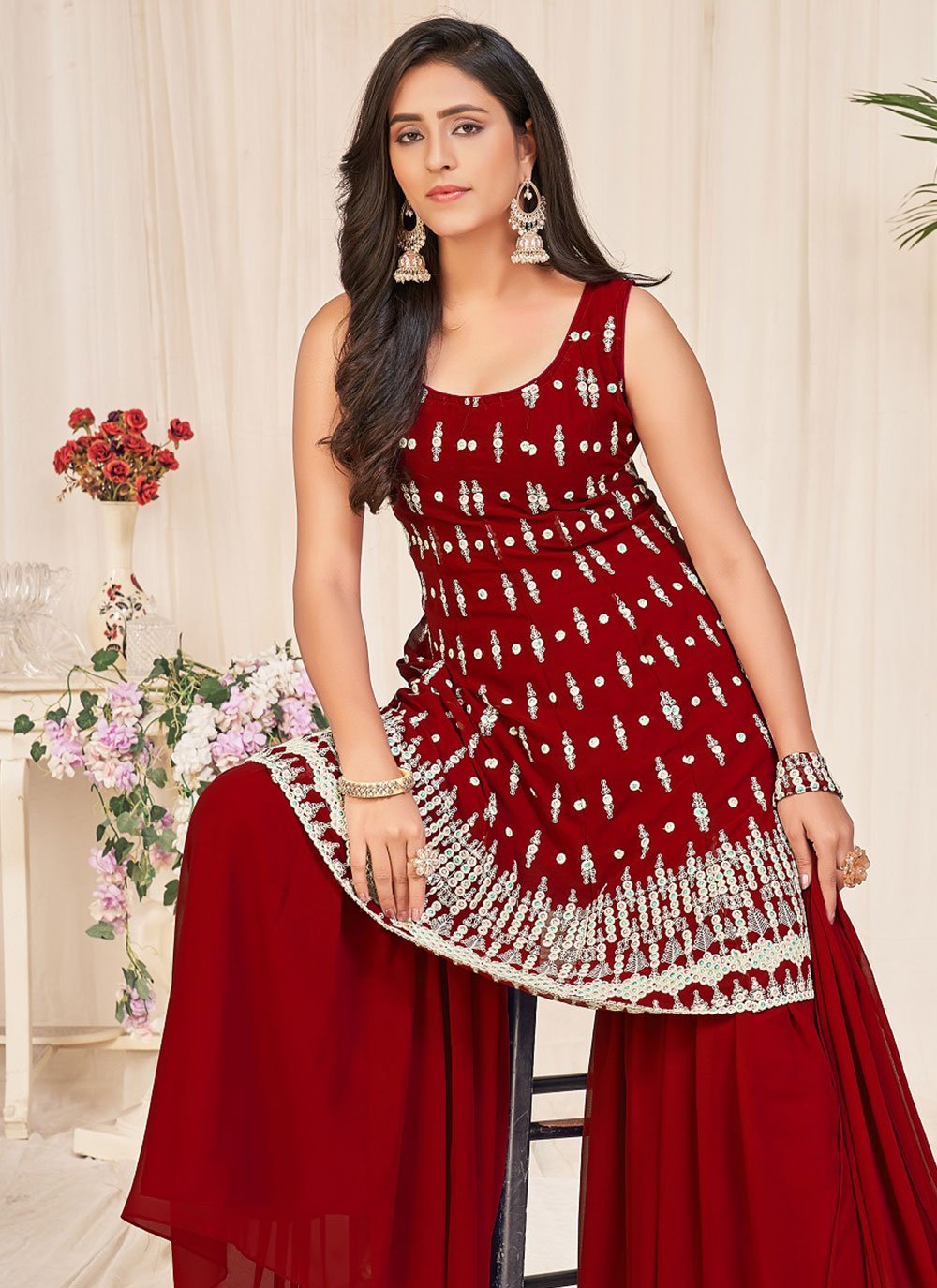 Sharara Set Georgette Maroon Embroidered Salwar Kameez