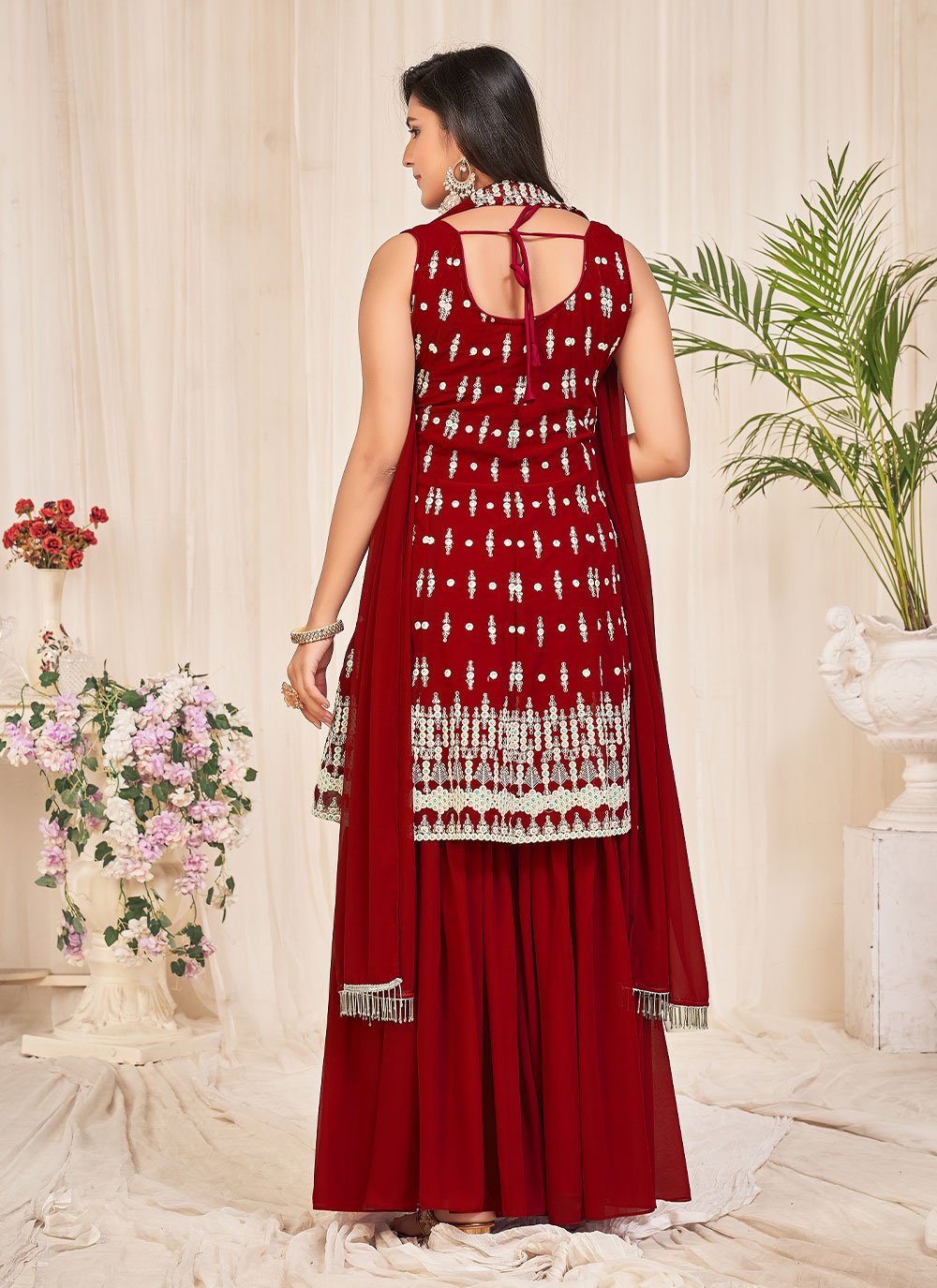 Sharara Set Georgette Maroon Embroidered Salwar Kameez