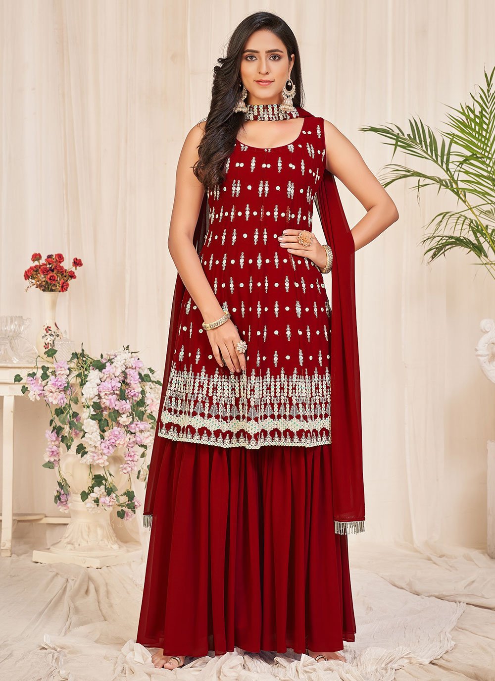 Sharara Set Georgette Maroon Embroidered Salwar Kameez