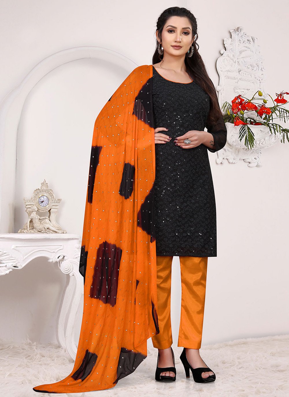 Straight Salwar Suit Georgette Orange Embroidered Salwar Kameez