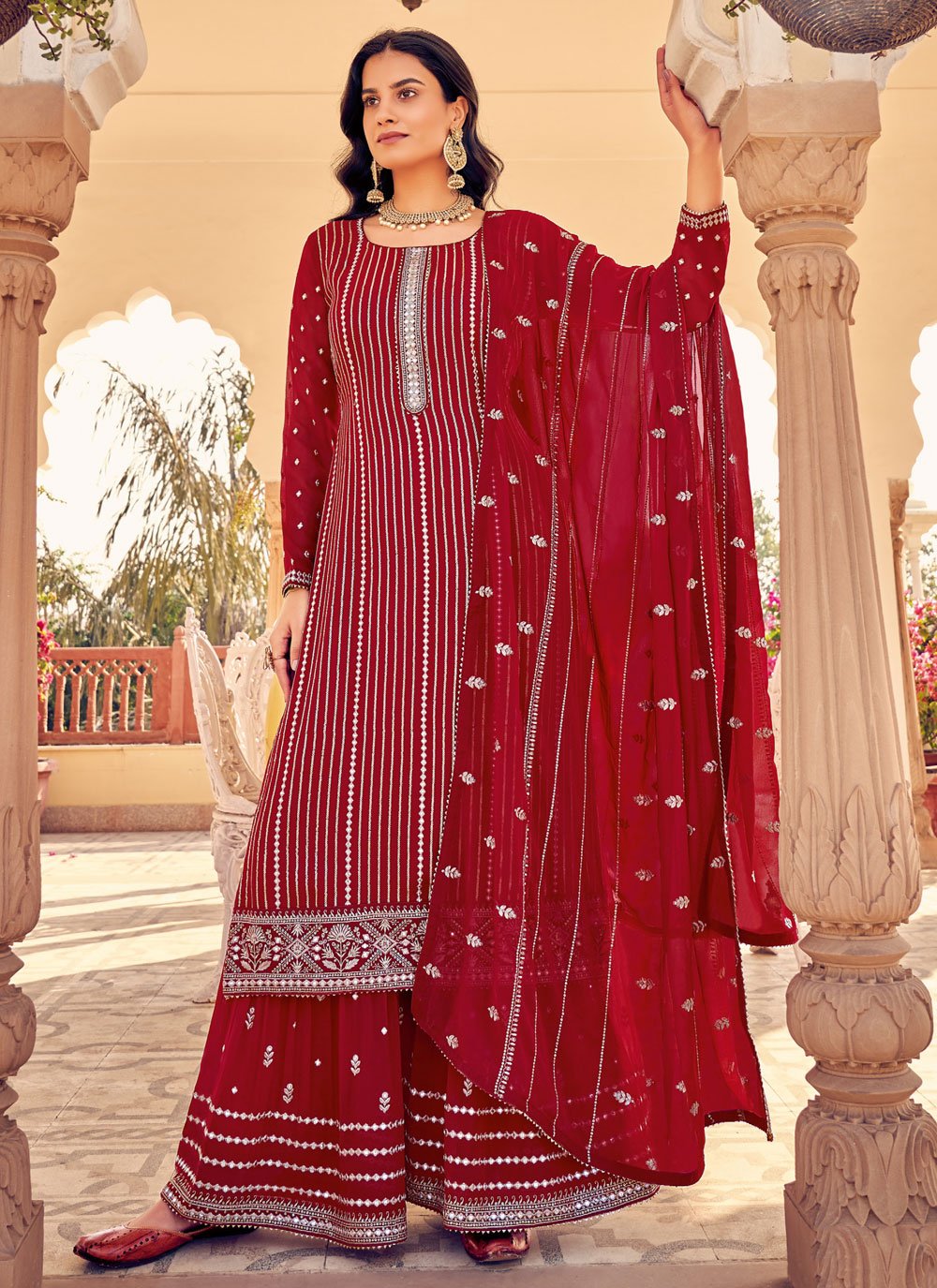 Straight Salwar Suit Georgette Red Diamond Salwar Kameez