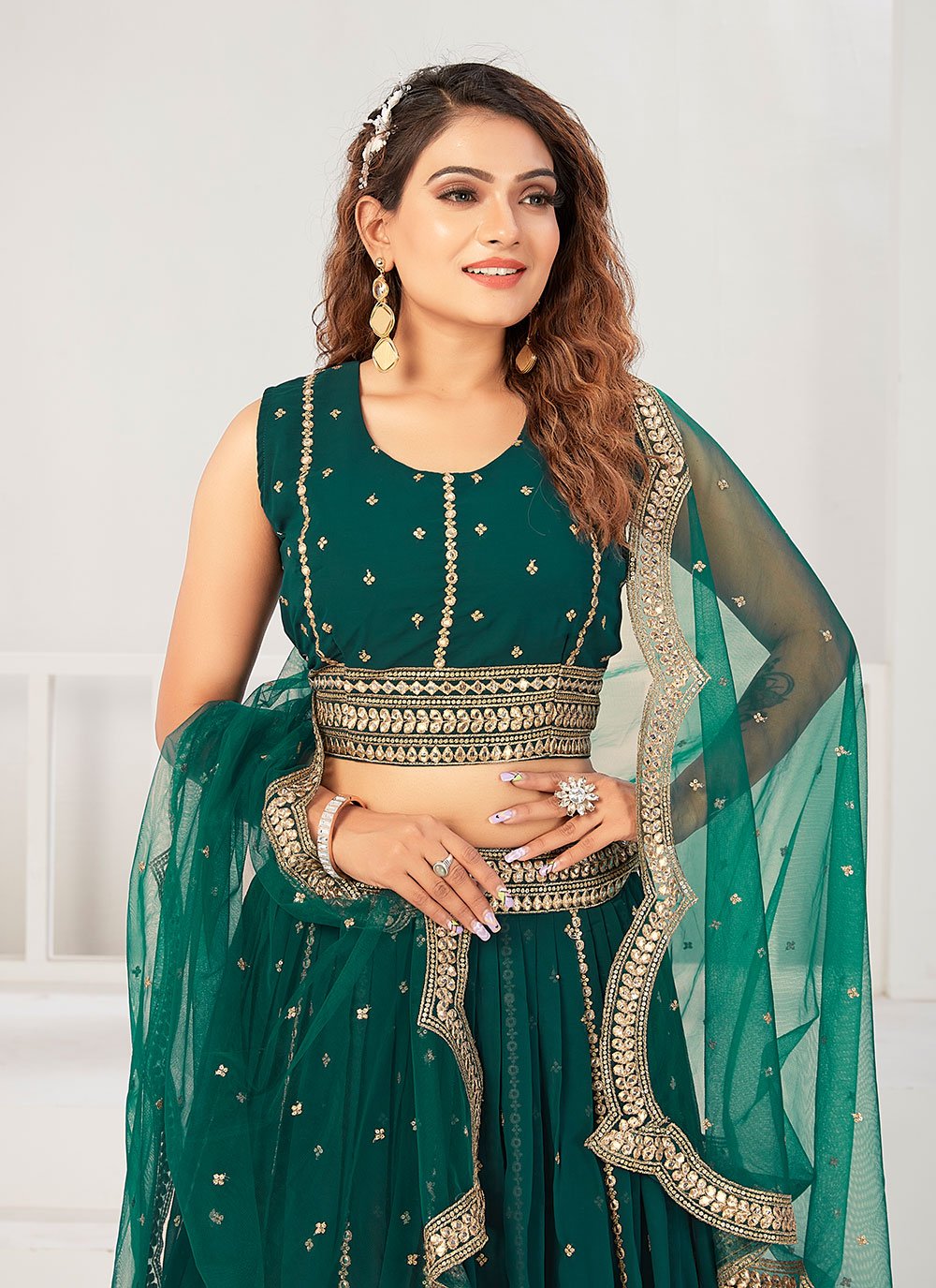 Lehenga Choli Georgette Viscose Teal Embroidered Lehenga Choli