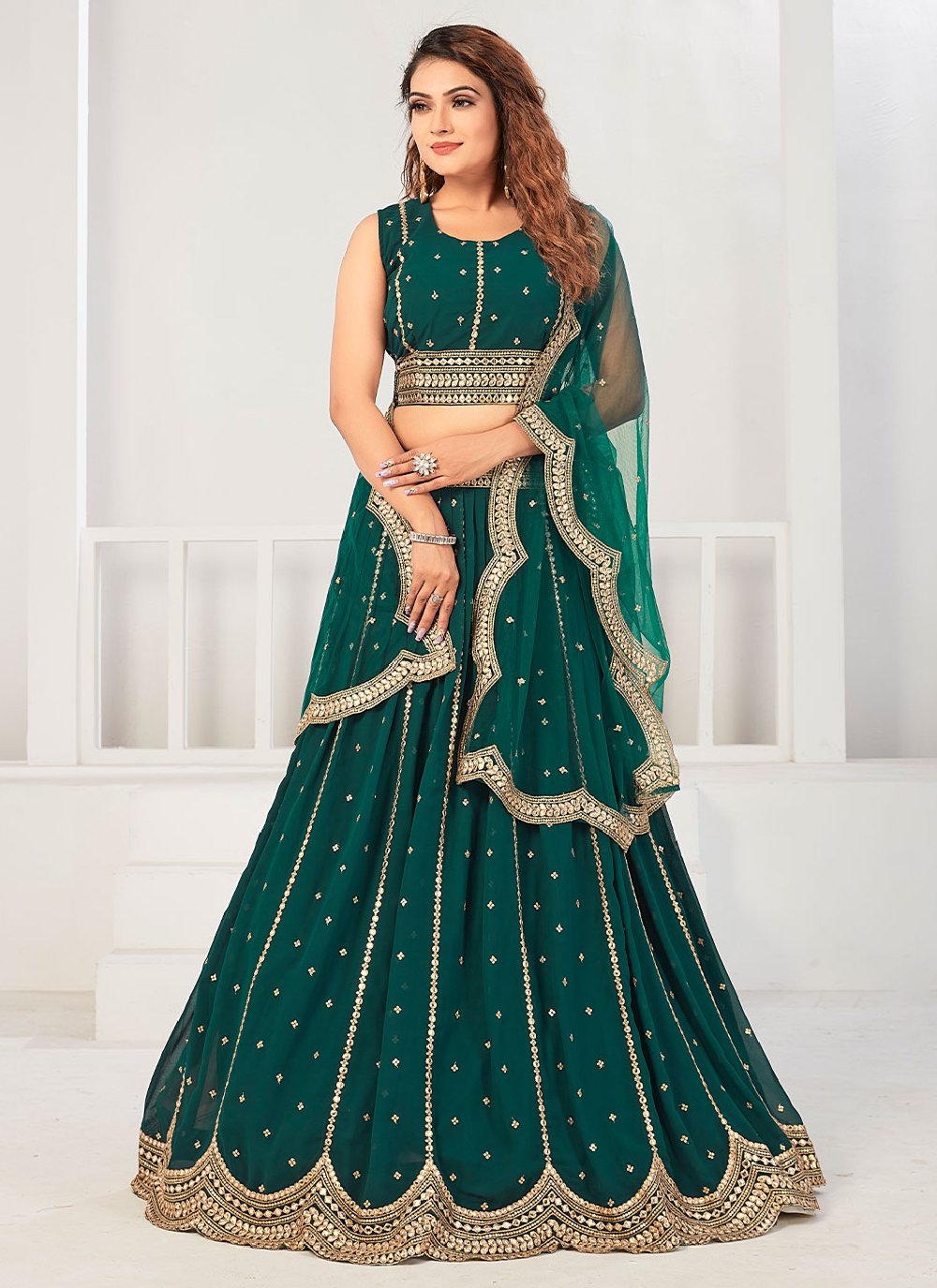 Lehenga Choli Georgette Viscose Teal Embroidered Lehenga Choli