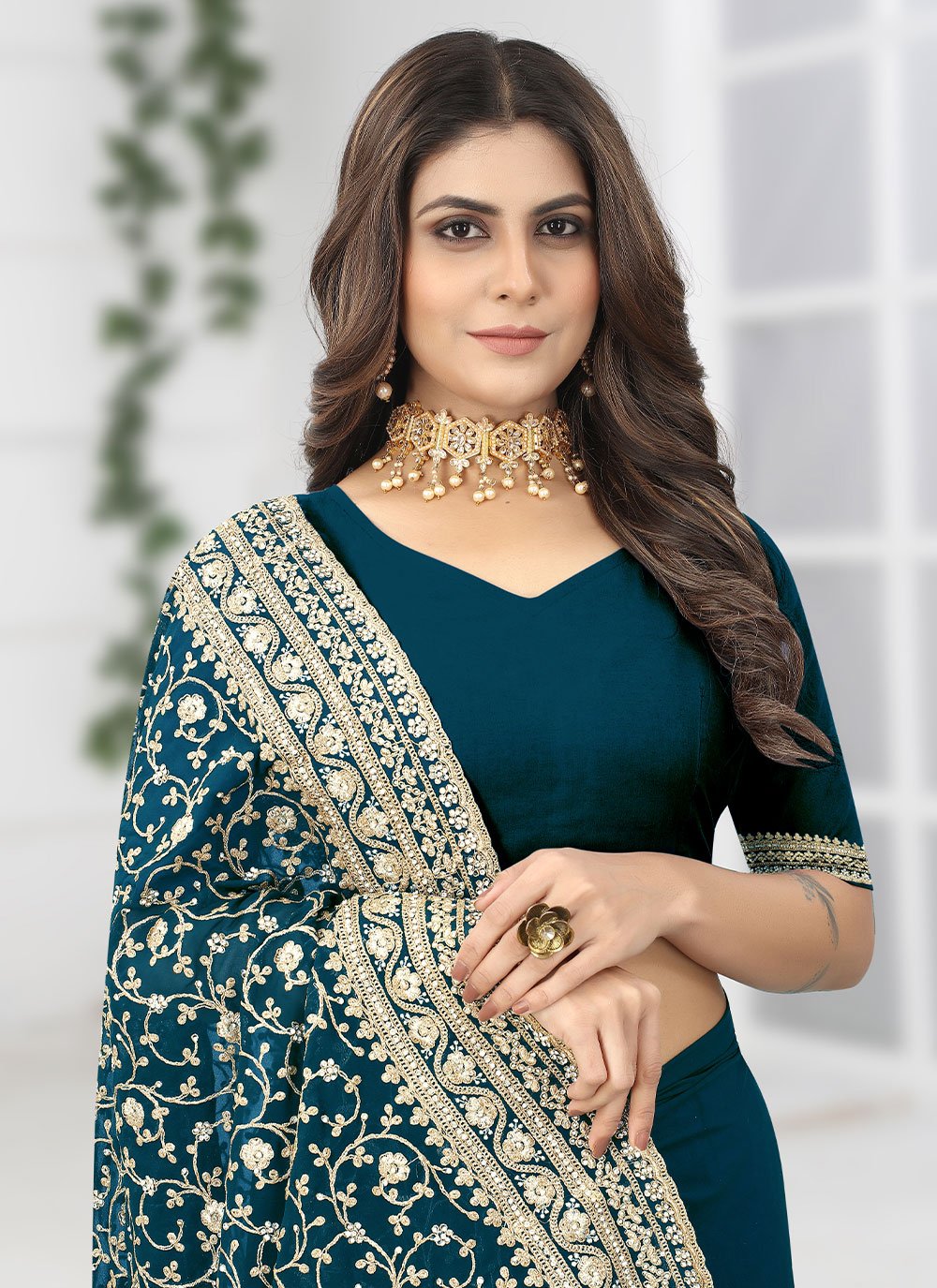 Trendy Saree Georgette Teal Diamond Saree