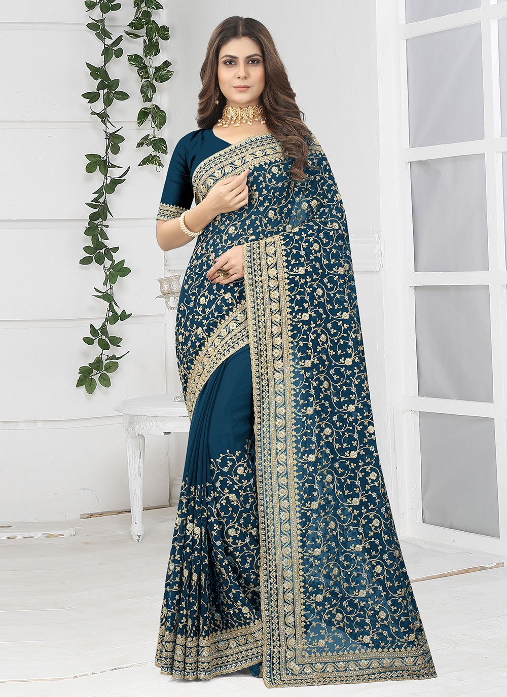 Trendy Saree Georgette Teal Diamond Saree