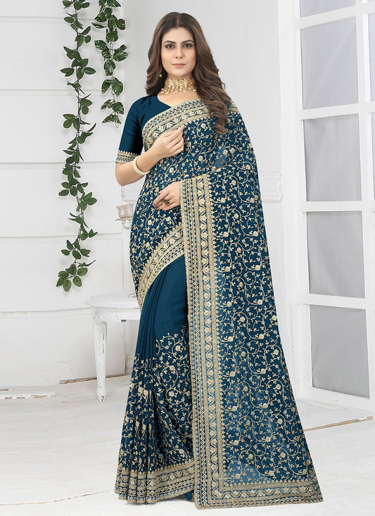 Trendy Saree Georgette Teal Diamond Saree